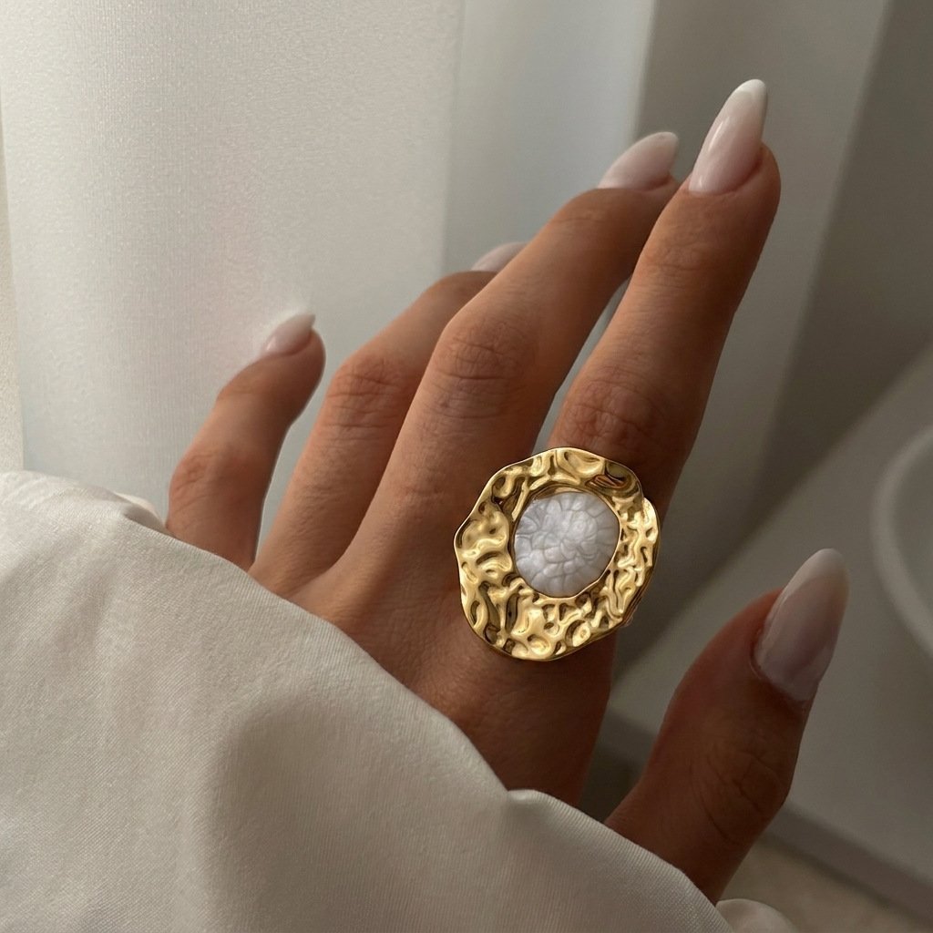 White Enamel Five Petal Flower Open Ring 18K Gold Plated Stainless Steel Statement Ring White Background