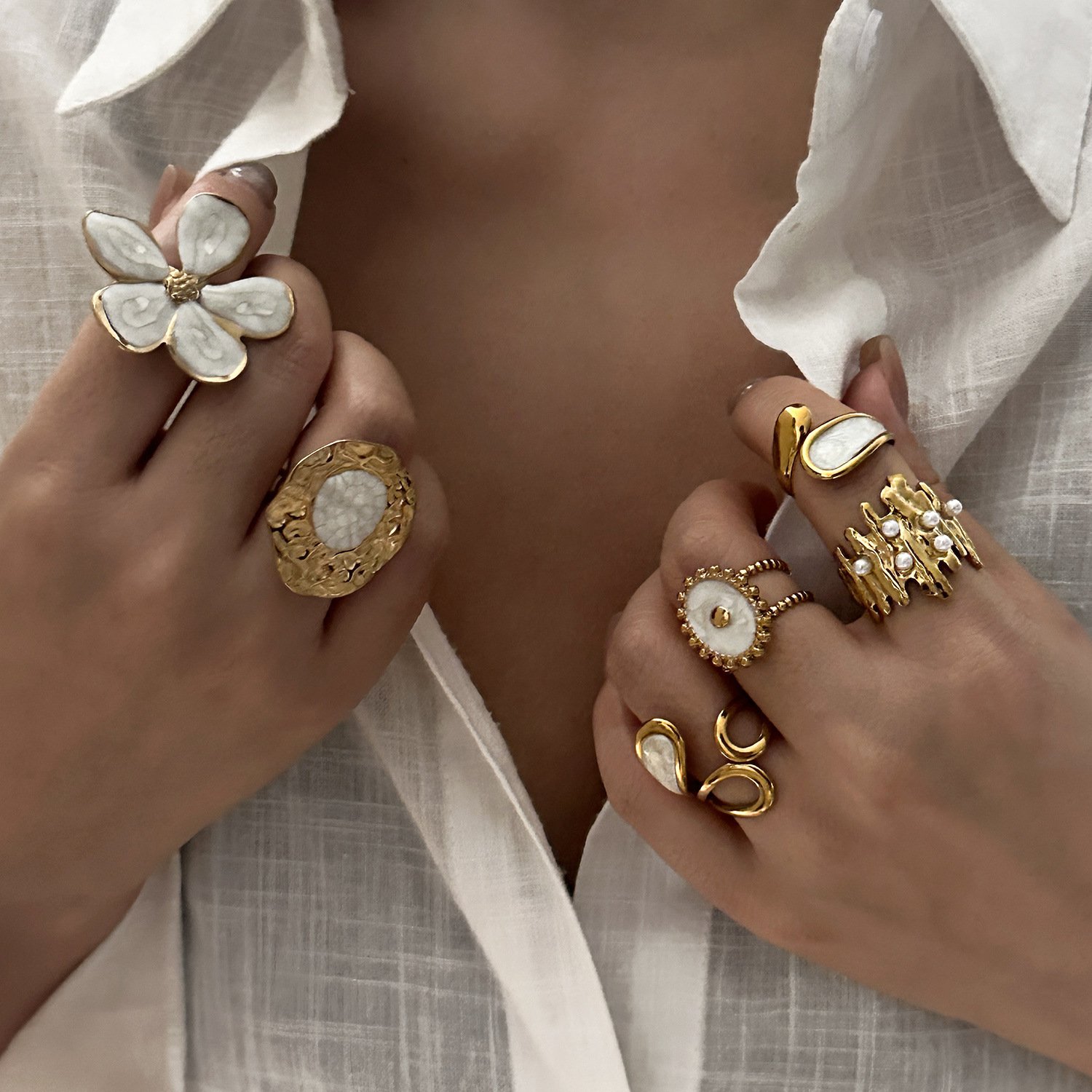 White Enamel Five Petal Flower Open Ring 18K Gold Plated Stainless Steel Statement Ring White Background